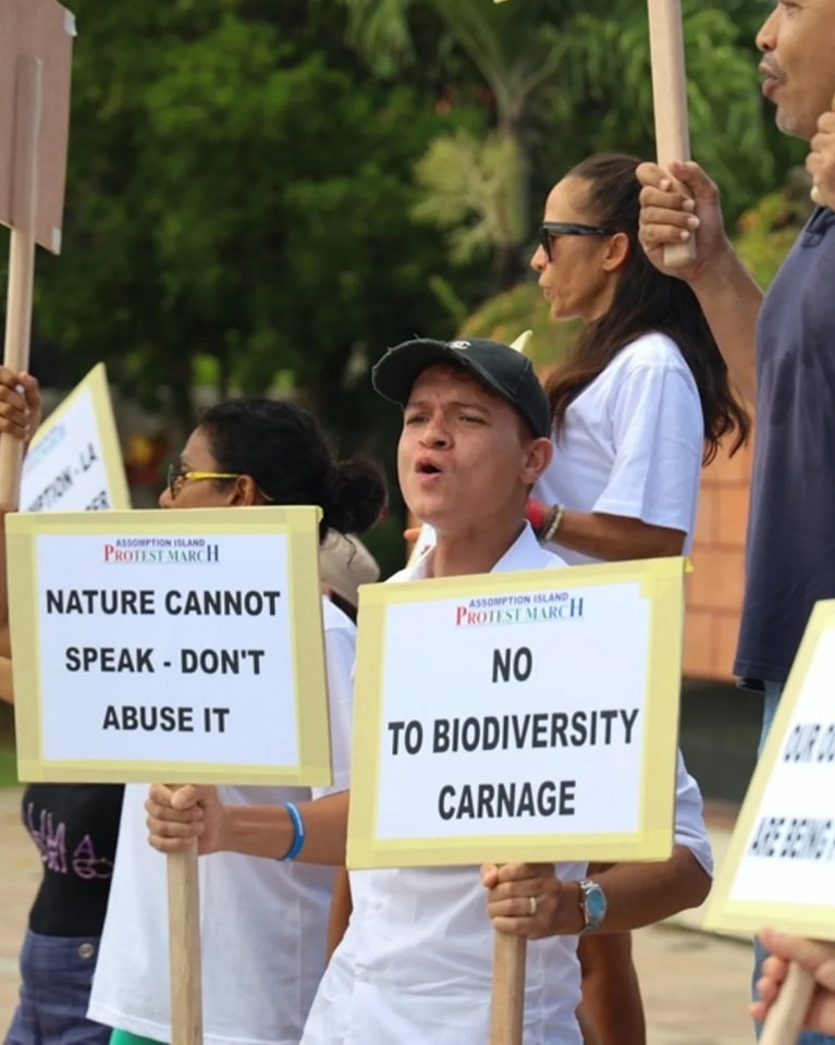 Salim Mathieu at the Assomption Island protest march